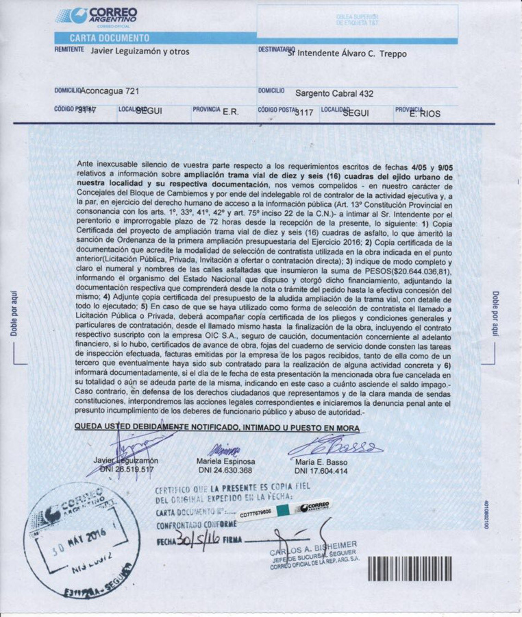La Carta Documento al intendente de Seguí