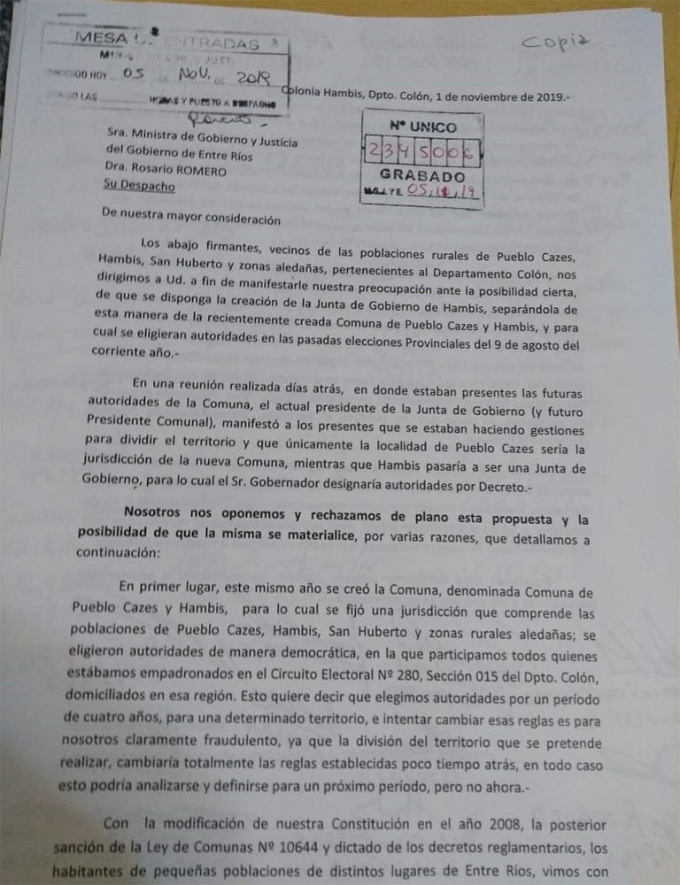 La primera hoja de la carta a la ministra Romero