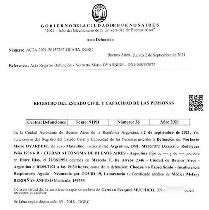 El certificado de defunción de Norberto Oyarbide que aparece en el expediente de consulta pública.