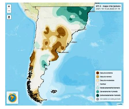 Mapa de Sudamérica con las áreas en sequía para el trimestre 15-10-2021/15-01-2022. Fuente: Sistema de Información sobre Sequías para el Sur de Sudamérica - sissa.crc-sas.org/