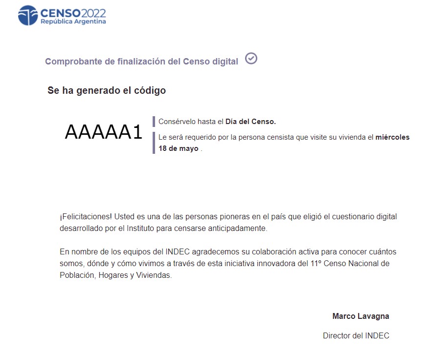 Así es el mail que envía INDEC luego de completar el censo digital. Este código es ilustrativo.
