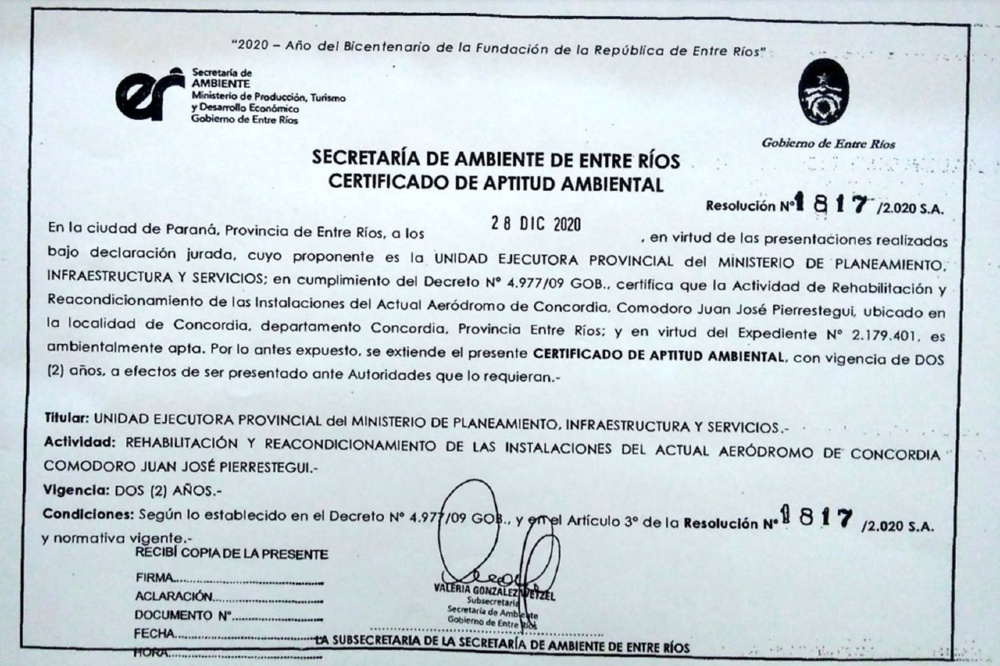 Este es el certifico que mostró la Secretaría de Ambiente de Entre Ríos.