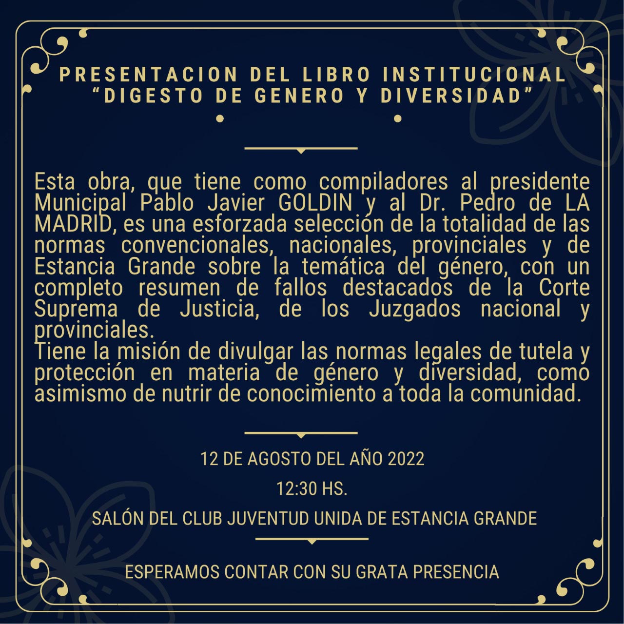 La invitación a la presentación del libro, del que Goldín y De la Madrid son compiladores