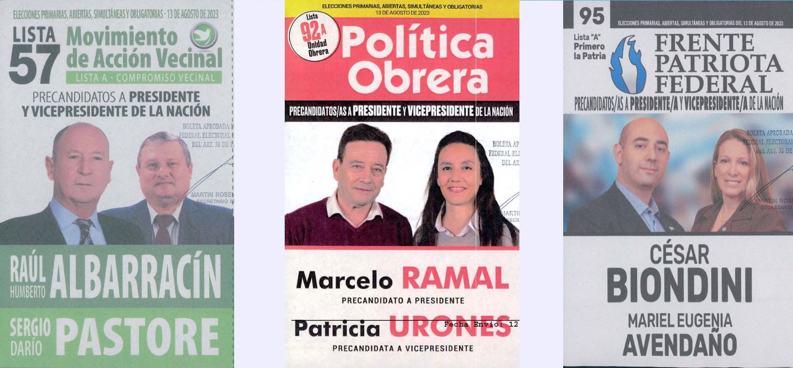 Lista 57: Movimiento de Acción Vecinal - Raúl Albarracín; Lista 92: Política Obrera - Marcelo Ramal; Lista 95: Frente Patriota Federal - César Biondini.