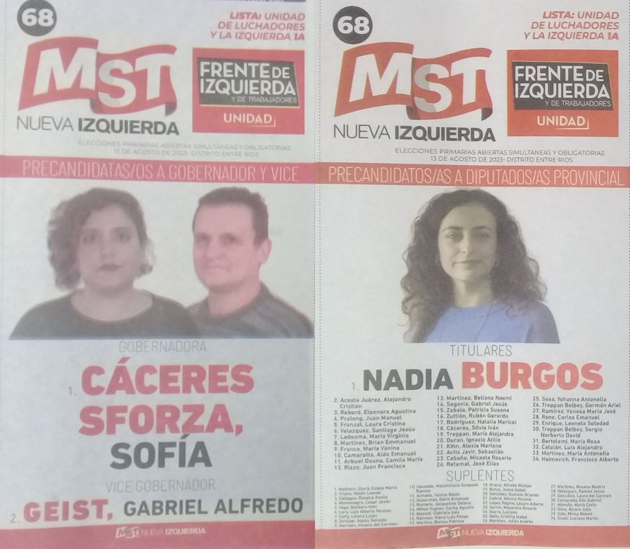 Lista 68, MST Nueva Izquierda, con Sofía Cáceres Sforza a la gobernación y Nadia Burgos encabezando lista de diputados provinciales.