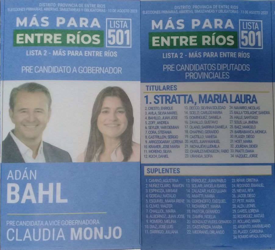 Lista 501, Más Para Entre Ríos, con Adán Bahl a la gobernación y Laura Stratta encabezando lista de diputados provinciales.