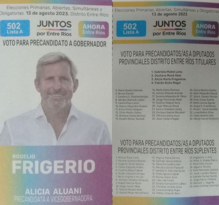 Lista 502A, Juntos por Entre Ríos, con Rogelio Frigerio a la gobernación y Gabriela Lena encabezando lista de diputados provinciales.