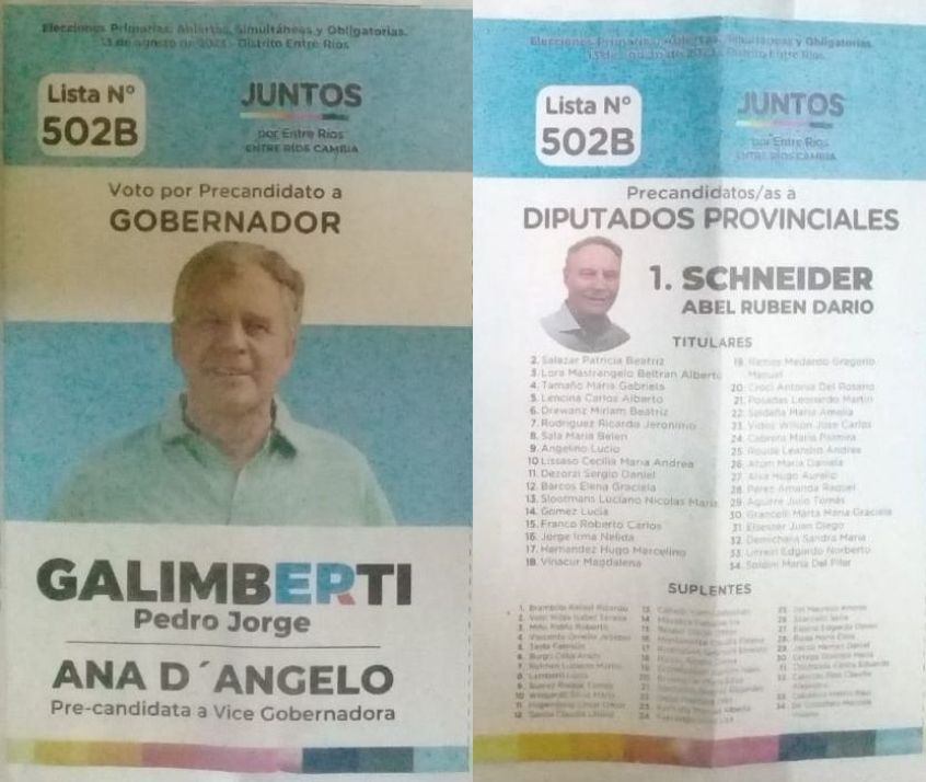 Lista 502B, Juntos por Entre Ríos, con Pedro Galimberti a la gobernación y Darío Schneider encabezando lista de diputados provinciales.