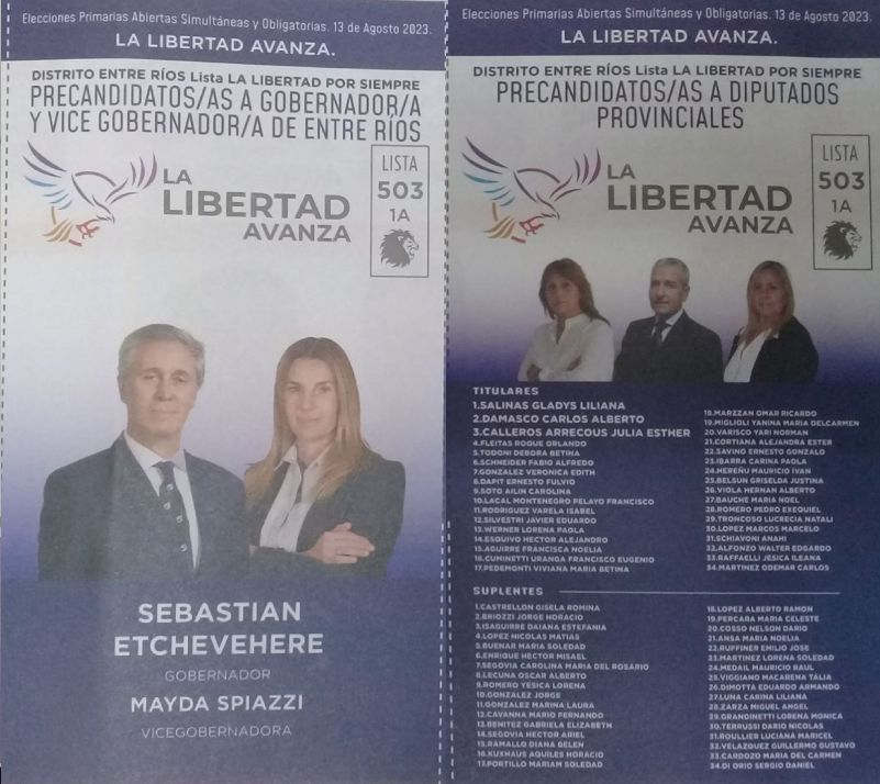 Lista 503, La Libertad Avanza, con Sebastián Etchevehere a la gobernación y Gladys Salinas encabezando lista de diputados provinciales.