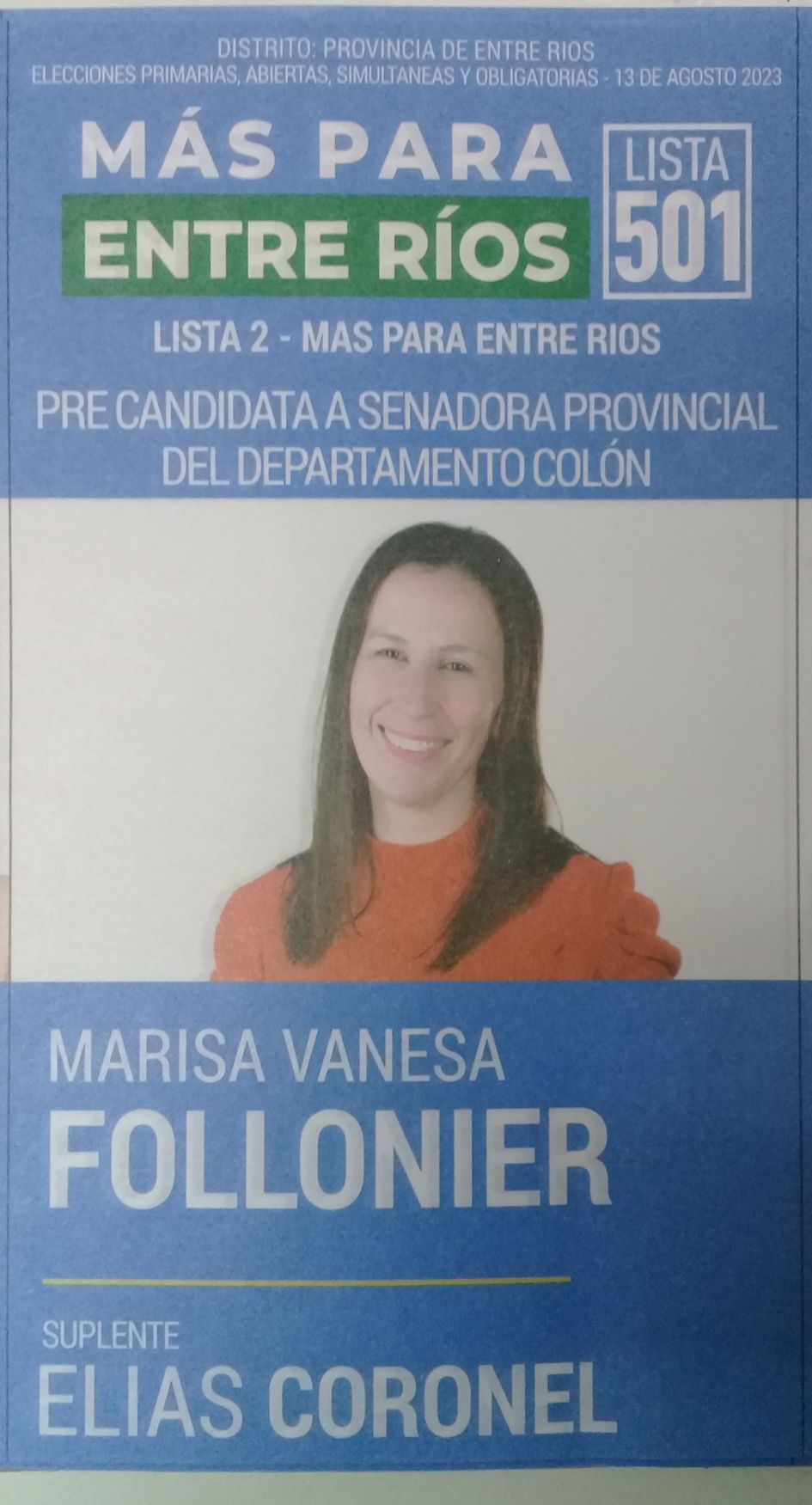 Lista 501, Más Para Entre Ríos, encabezada por Marisa Vanesa Follonier.