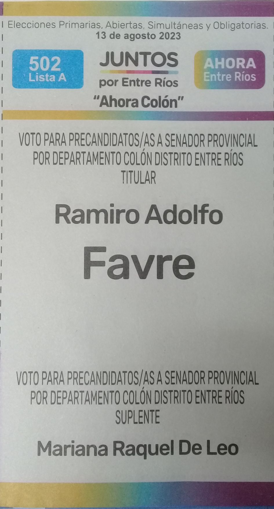 Lista 502, Juntos por Entre Ríos, encabezada por Ramiro Adolfo Favre.