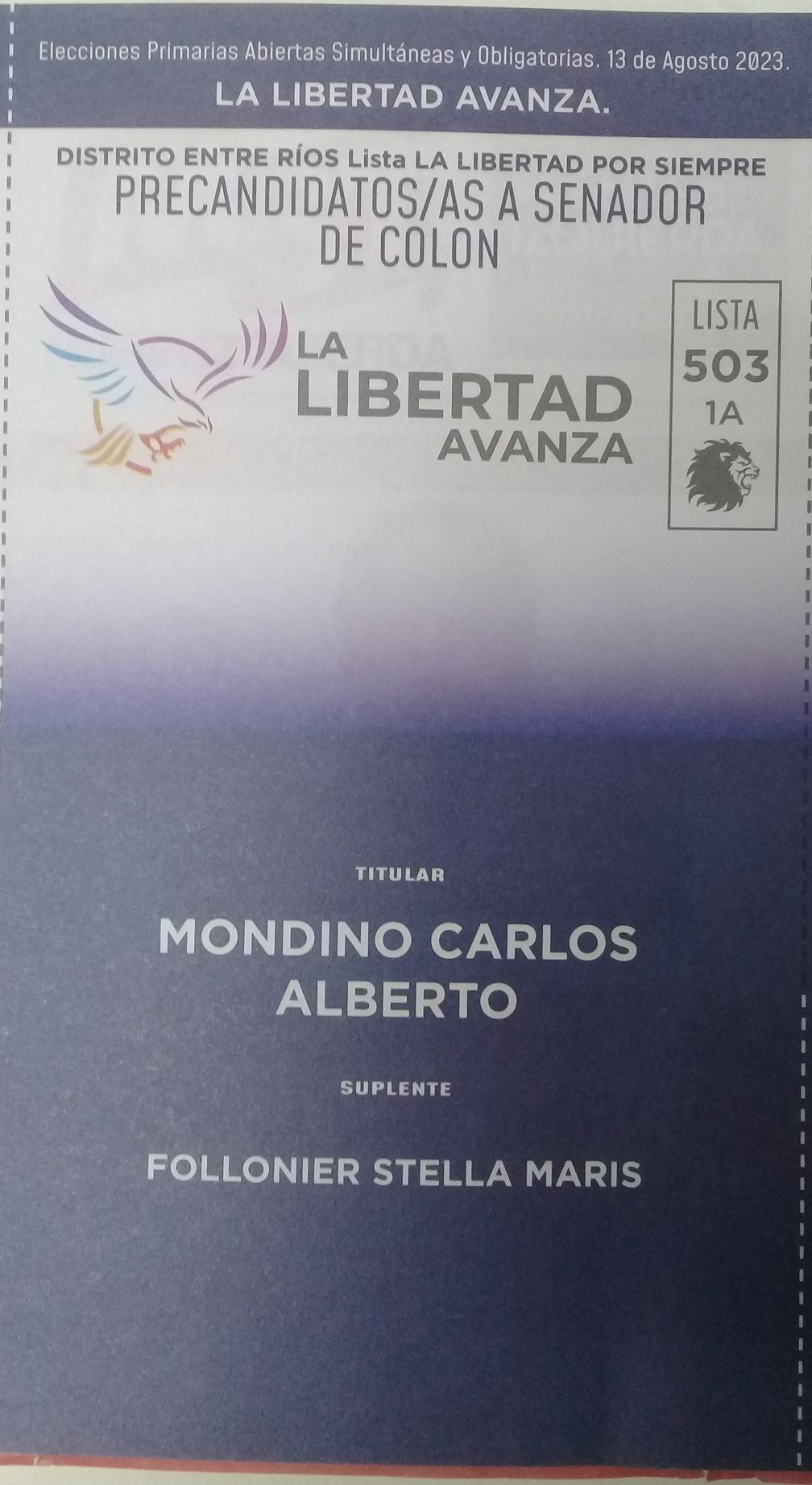 Lista 503, La Libertad Avanza, encabezada por Carlos Alberto Mondino.