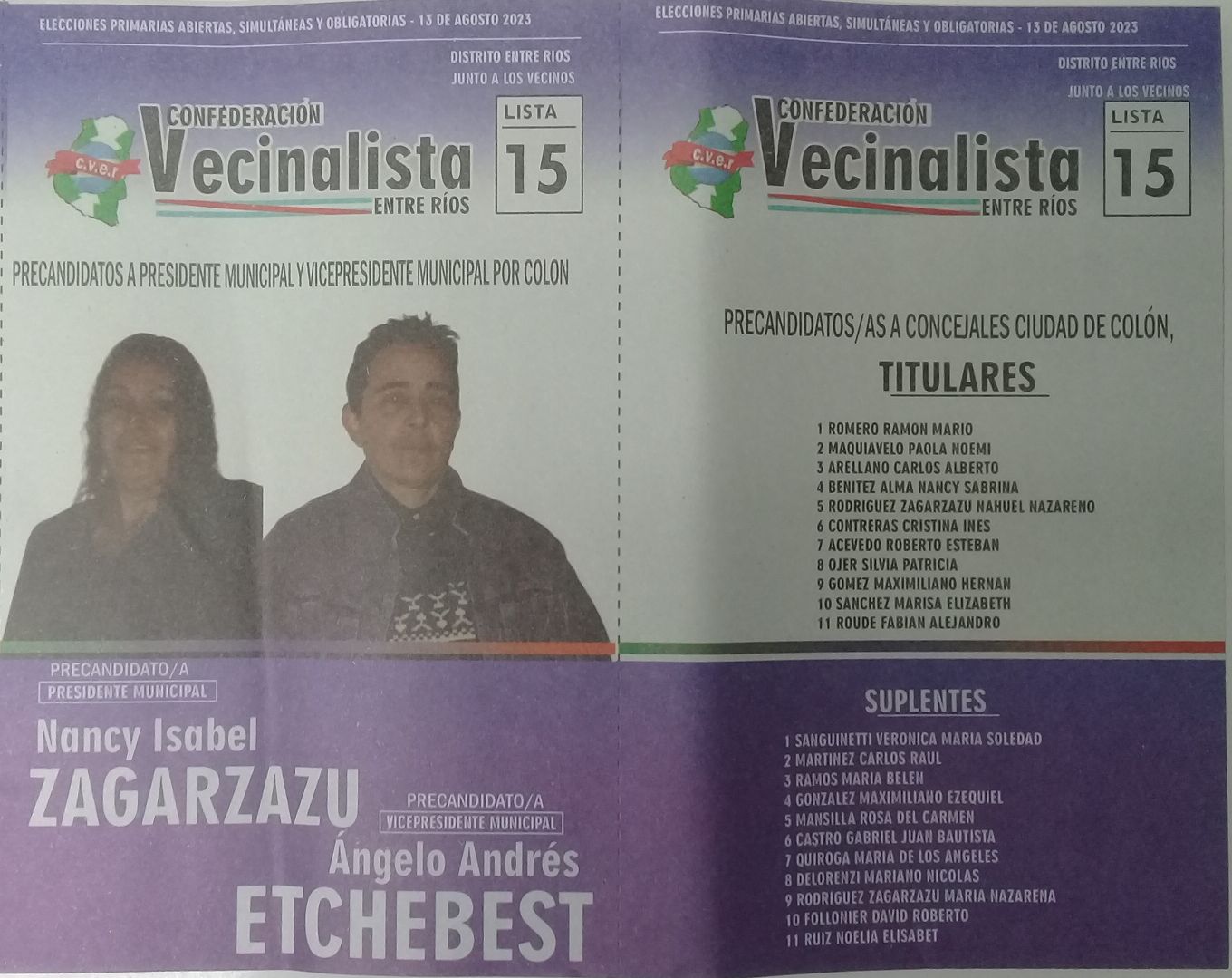 Lista 15: Confederación Vecinalista Entre Ríos - Nancy Isabel Zagarzazu.