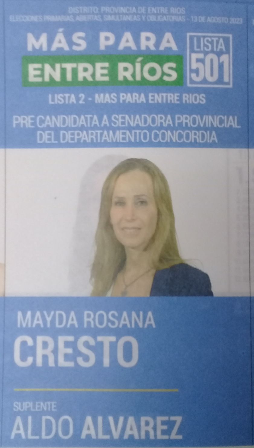 Lista 501, Más Para Entre Ríos, encabezada por Mayda Rosana Cresto.
