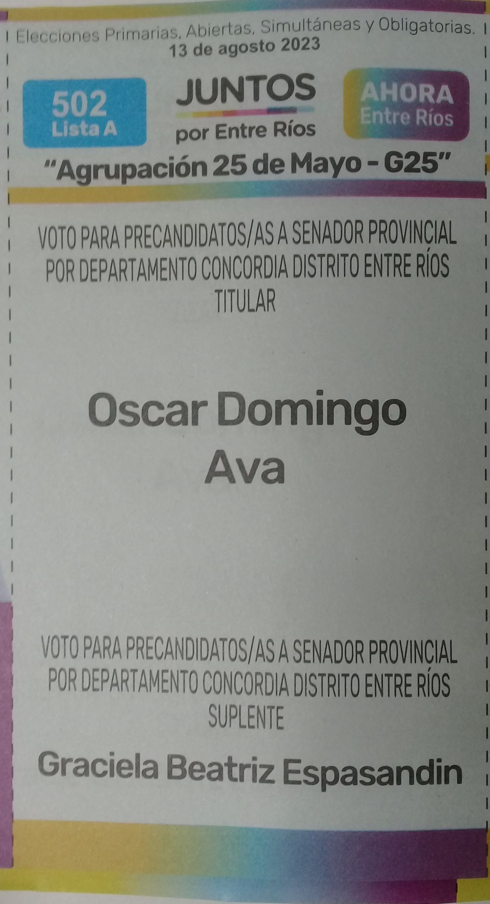 Lista 502A, Juntos por Entre Ríos, encabezada por Oscar Domingo Ava.
