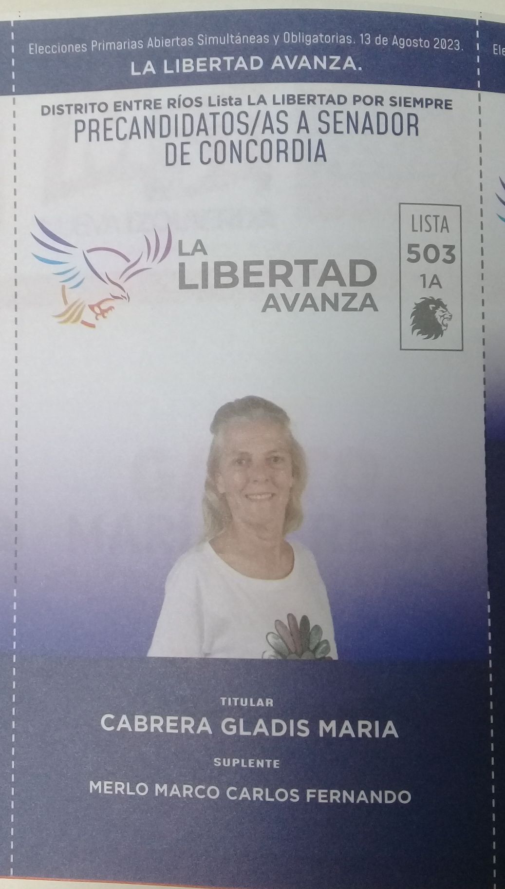 Lista 503, La Libertad Avanza, encabezada por Gladis María Cabrera.