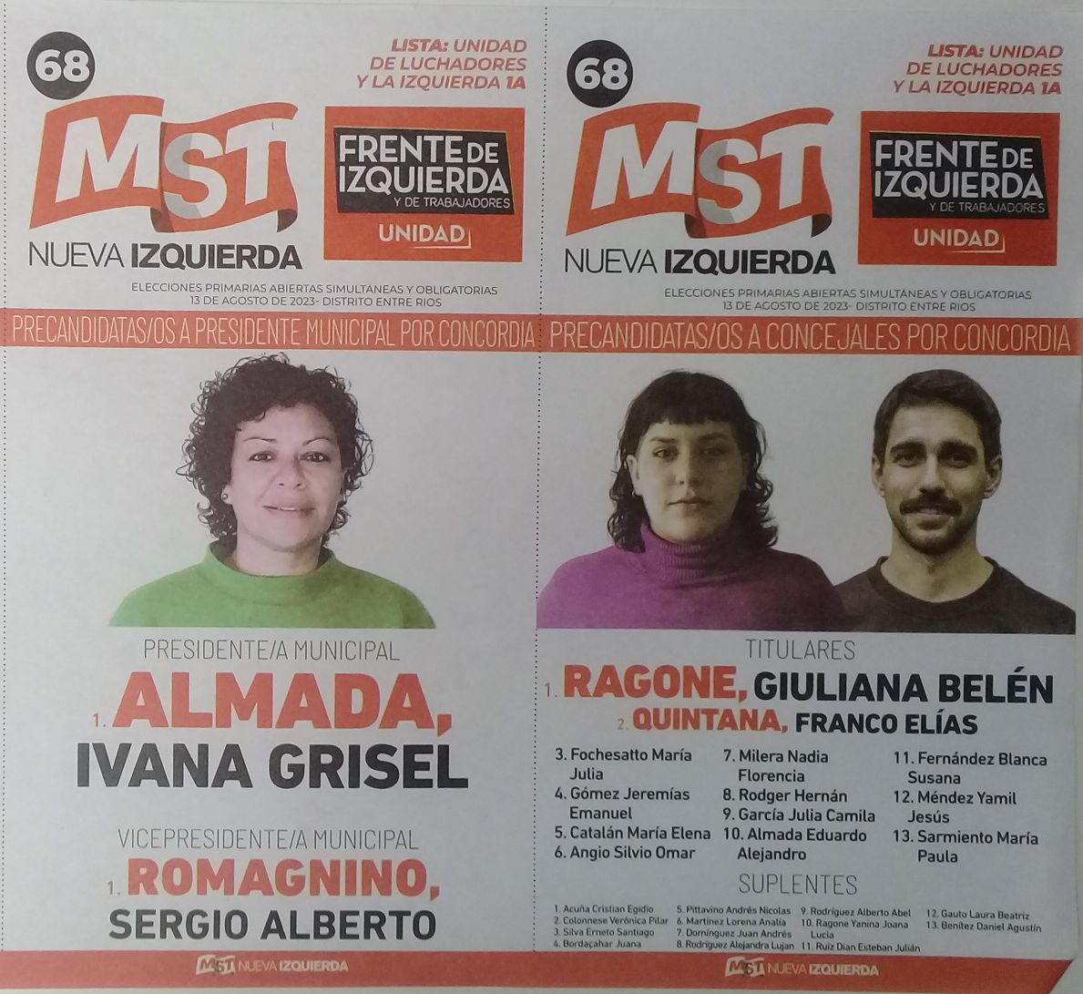 Lista 68: MST Nueva Izquierda - Ivana Grisel Almada.