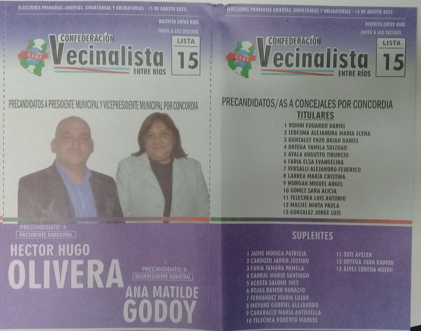 Lista 15: Confederación Vecinalista Entre Ríos - Hector Hugo Olivera.