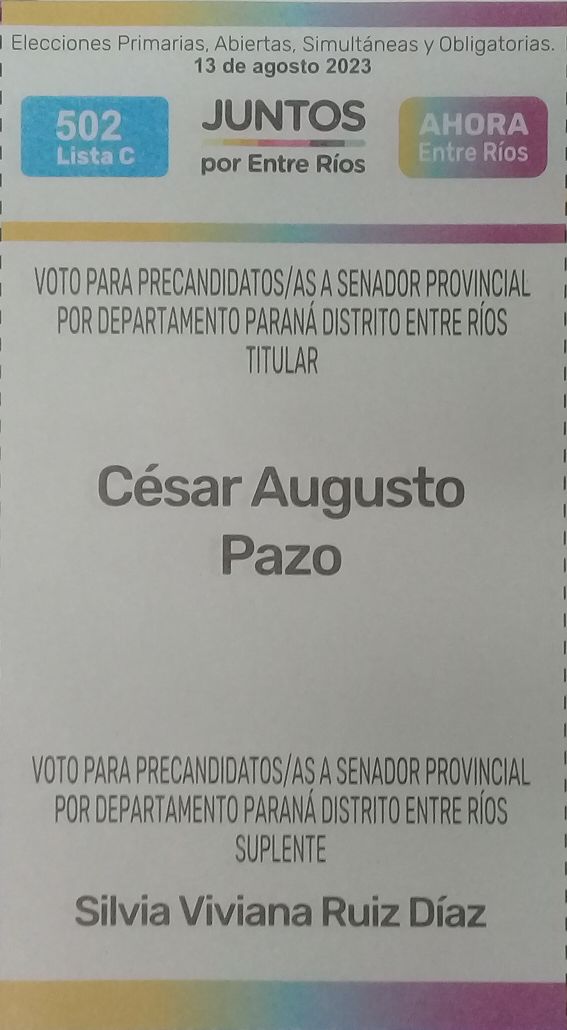 Lista 502C, Juntos por Entre Ríos, encabezada por César Augusto Pazo.
