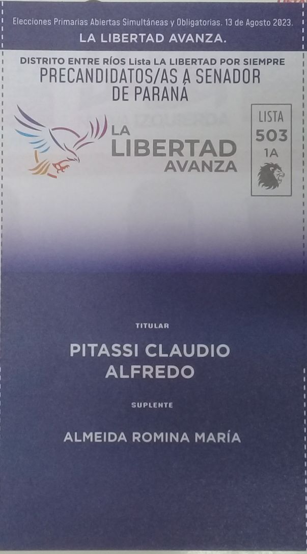 Lista 503, La Libertad Avanza, encabezada por Claudio Alfredo Pitassi.