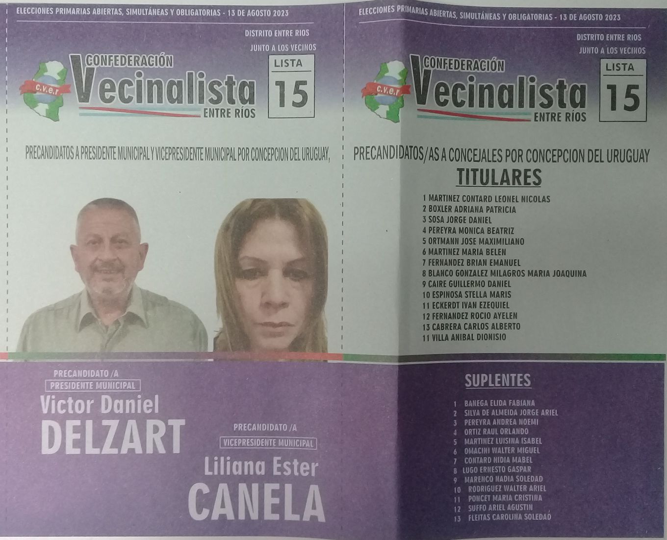 Lista 15: Confederación Vecinalista Entre Ríos - Víctor Daniel Delzart.