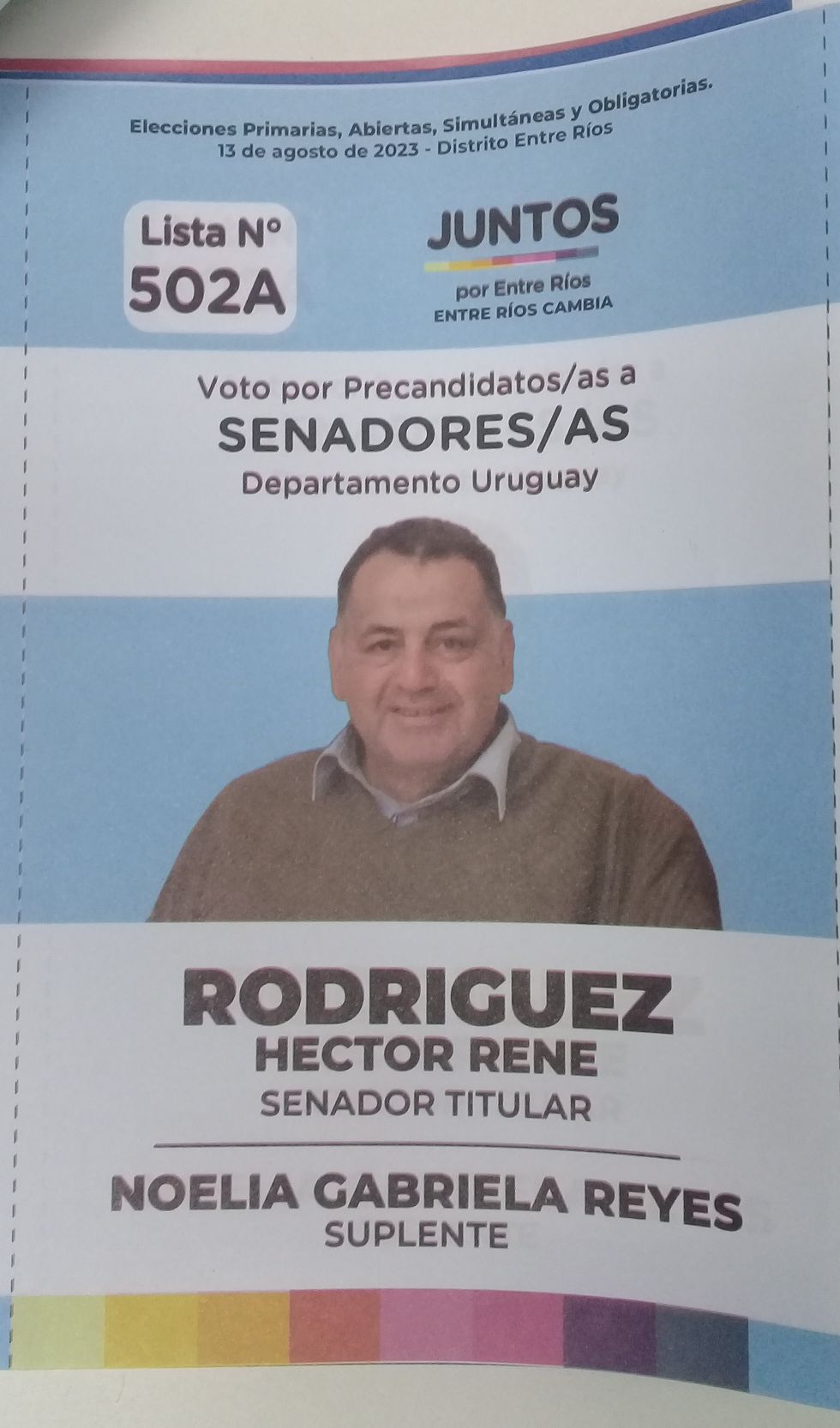 Lista 502A, Juntos por Entre Ríos, encabezada por Héctor René Rodríguez.
