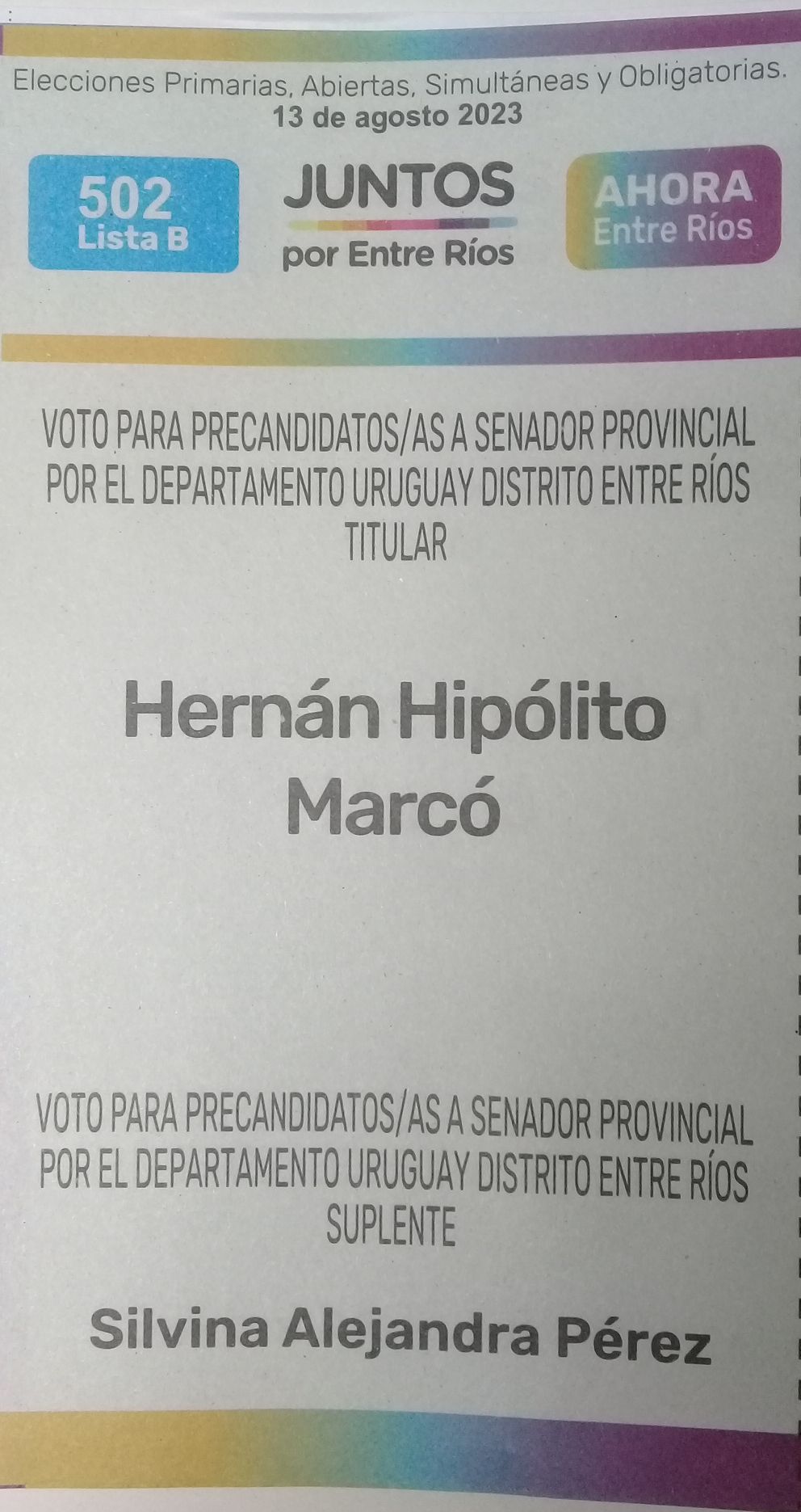 Lista 502B, Juntos por Entre Ríos, encabezada por Hernán Hipólito Marcó.