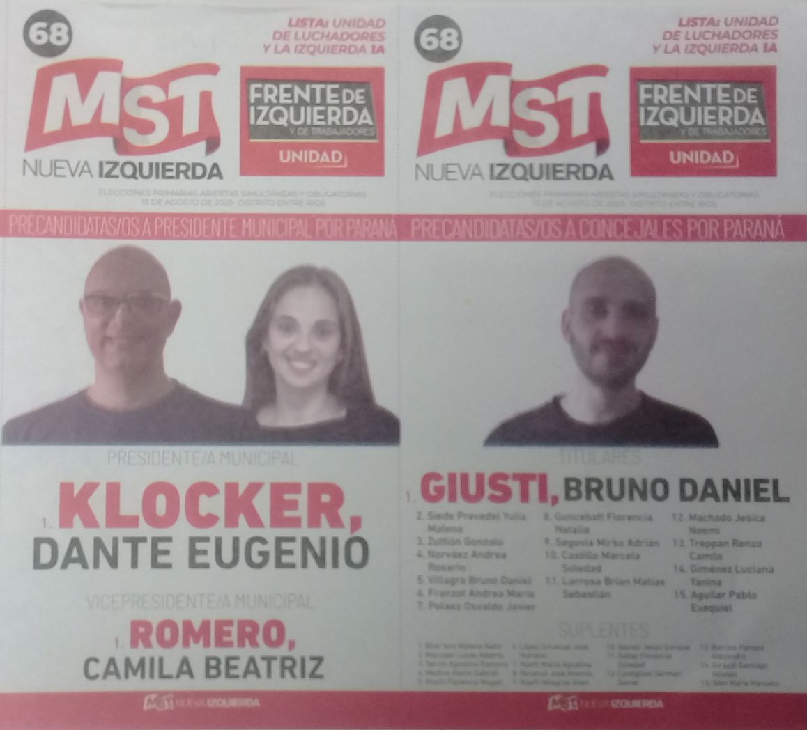 Lista 68: MST Nueva Izquierda - Dante Eugenio Klocker.