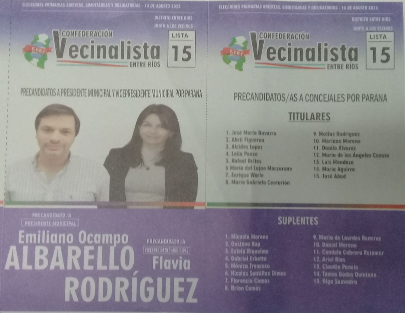 Lista 15: Confederación Vecinalista Entre Ríos - Emiliano Ocampo Albarello.