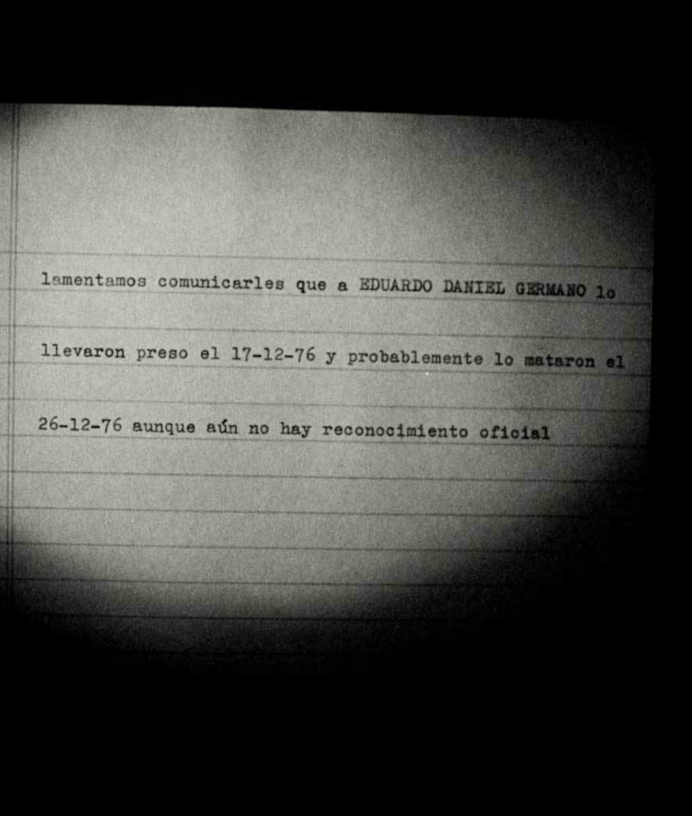 Carta anónima recibida por la familia Germano el 31 de diciembre de 1976 en Paraná, Entre Ríos (Contradesaparecido - Gustavo Germano)