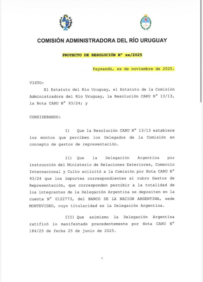 Una de las notas de la Comisión Administradora del Río Uruguay (CARU) sobre los pedidos de los delegados argentinos a los uruguayos.