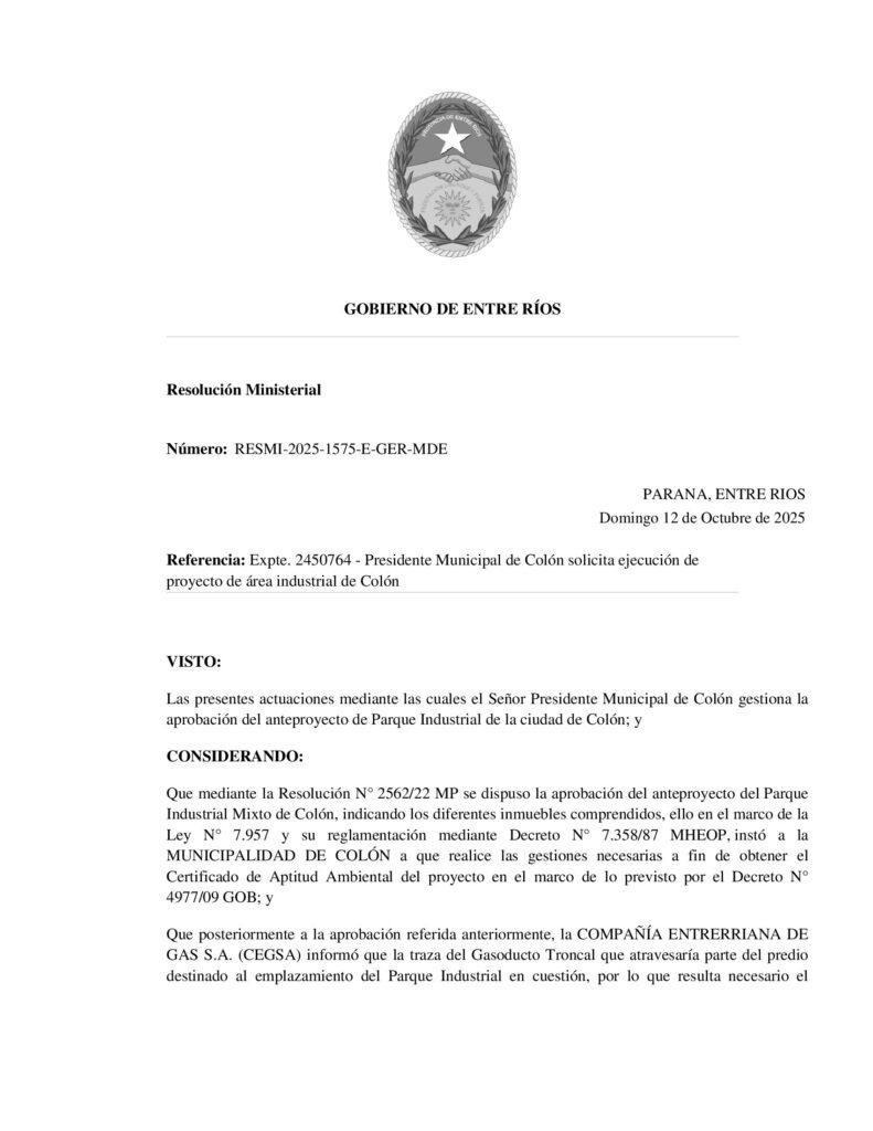 Día histórico para Colón: el Ministerio de Desarrollo Económico de Entre Ríos autorizó la ejecución del Parque Industrial Mixto